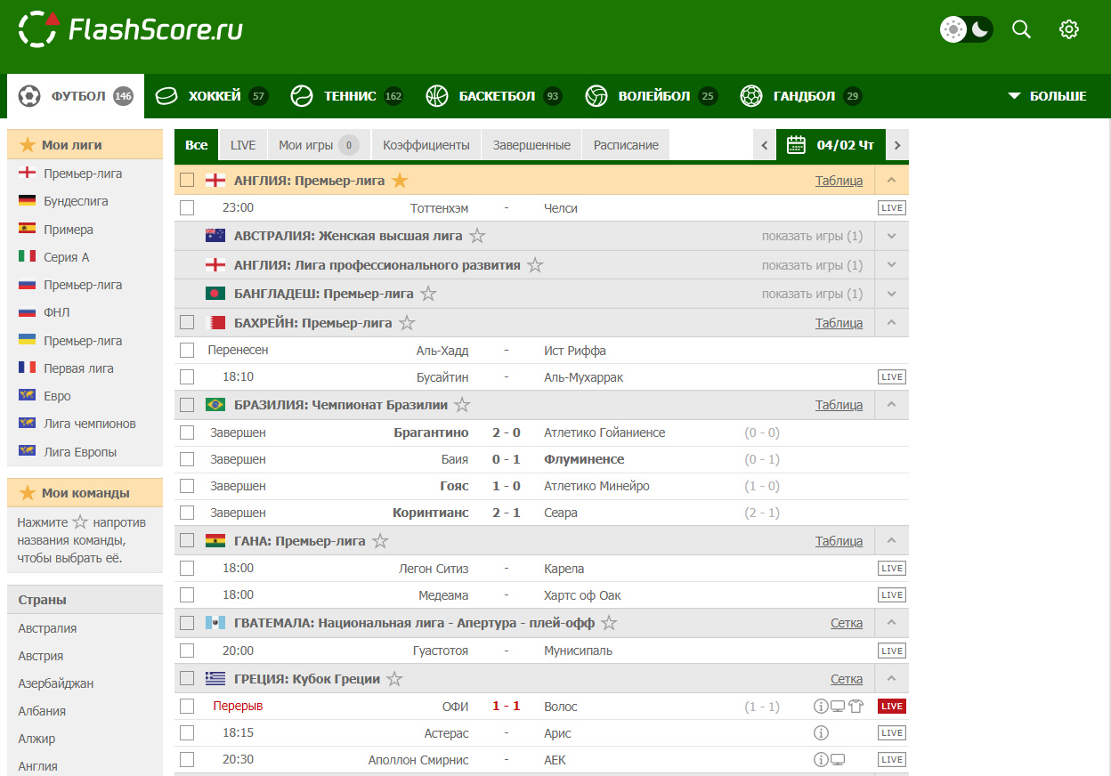 Главная страница Flashscore